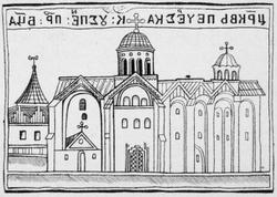 Строительство первого каменного храма Киево-Печерской лавры начинается в 1073 году по инициативе игумена Феодосия Печерского и епископа Михаила и длится до 1077 года. Храм возводят византийские мастер